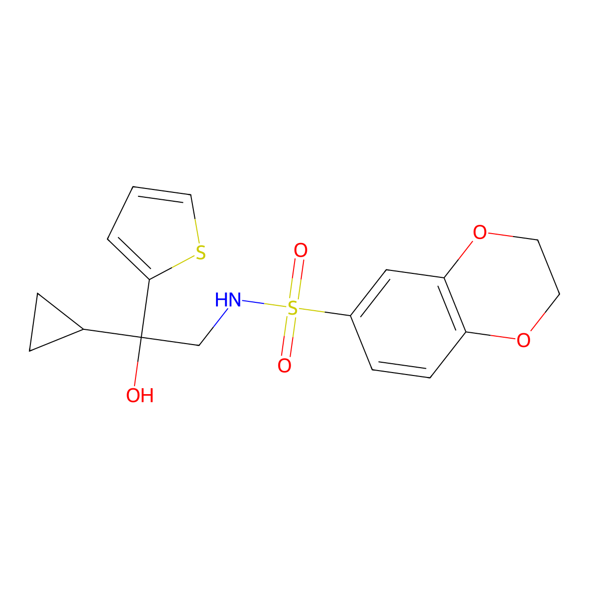 N-(2-cyclopropyl-2-hydroxy-2-(thiophen-2-yl)ethyl)-2,3-dihydrobenzo[b][1,4]dioxine-6-sulfonamide molecular structure, CAS 1396766-58-7