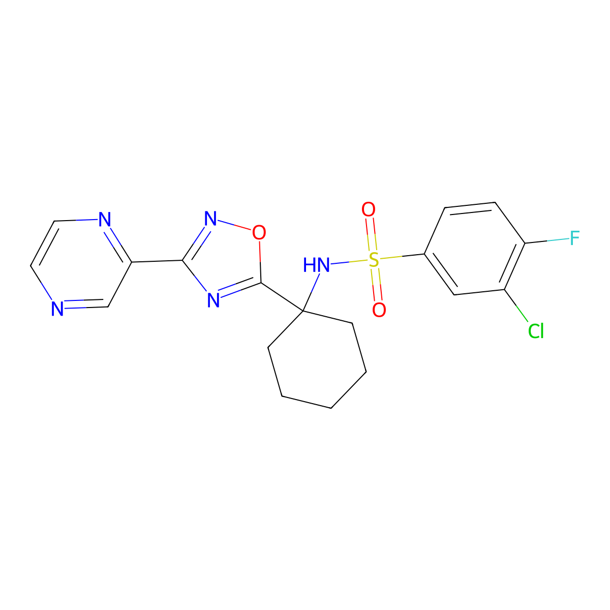 3-chloro-4-fluoro-N-[1-(3-pyrazin-2-yl-1,2,4-oxadiazol-5-yl)cyclohexyl]benzenesulfonamide molecular structure, CAS 1396766-67-8