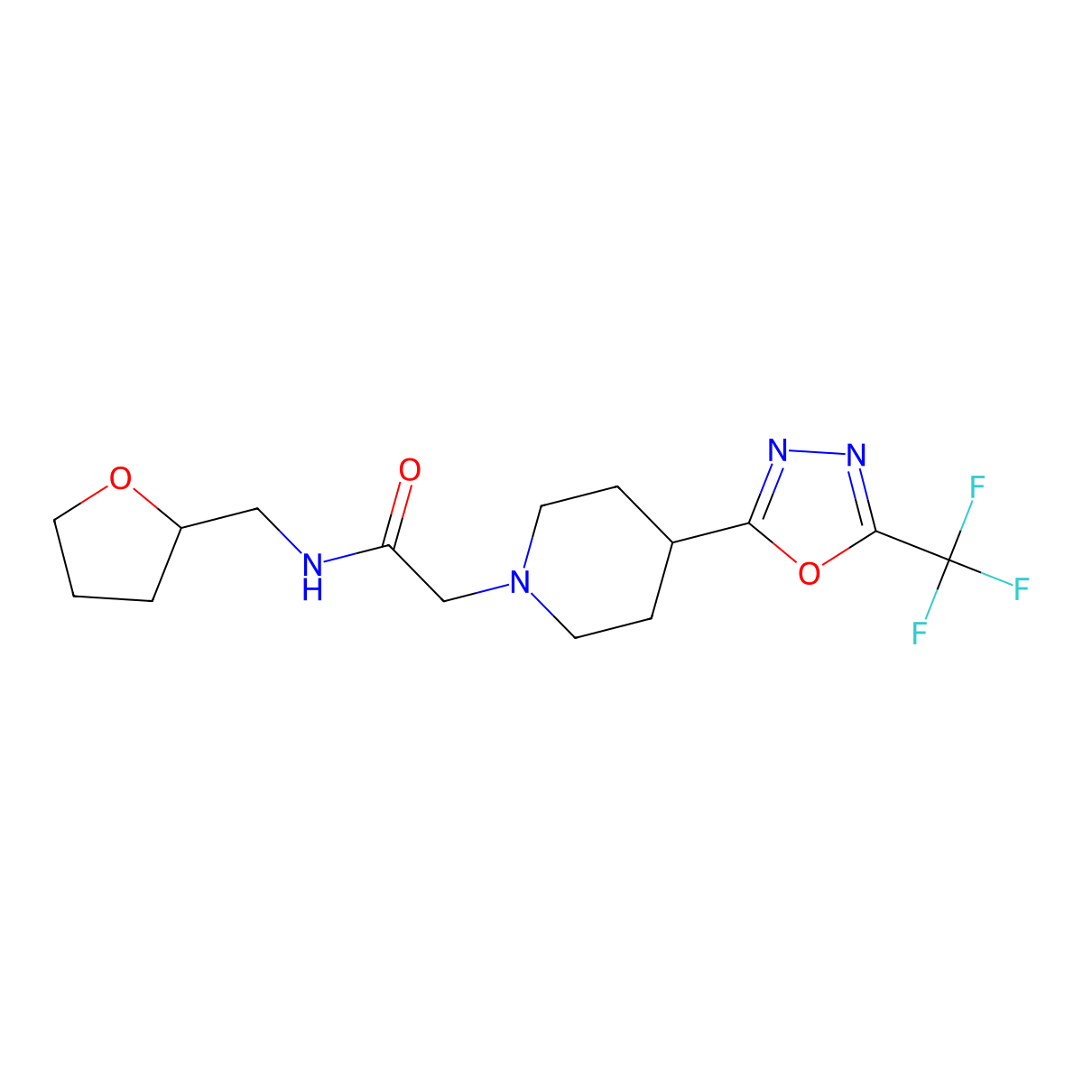 N-((tetrahydrofuran-2-yl)methyl)-2-(4-(5-(trifluoromethyl)-1,3,4-oxadiazol-2-yl)piperidin-1-yl)acetamide molecular structure, CAS 1396766-70-3