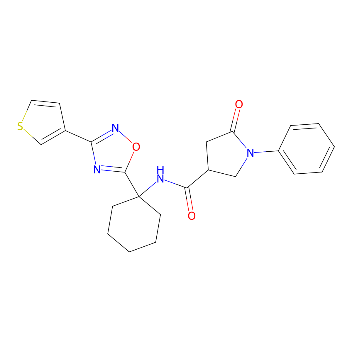 5-oxo-1-phenyl-N-(1-(3-(thiophen-3-yl)-1,2,4-oxadiazol-5-yl)cyclohexyl)pyrrolidine-3-carboxamide molecular structure, CAS 1396766-75-8