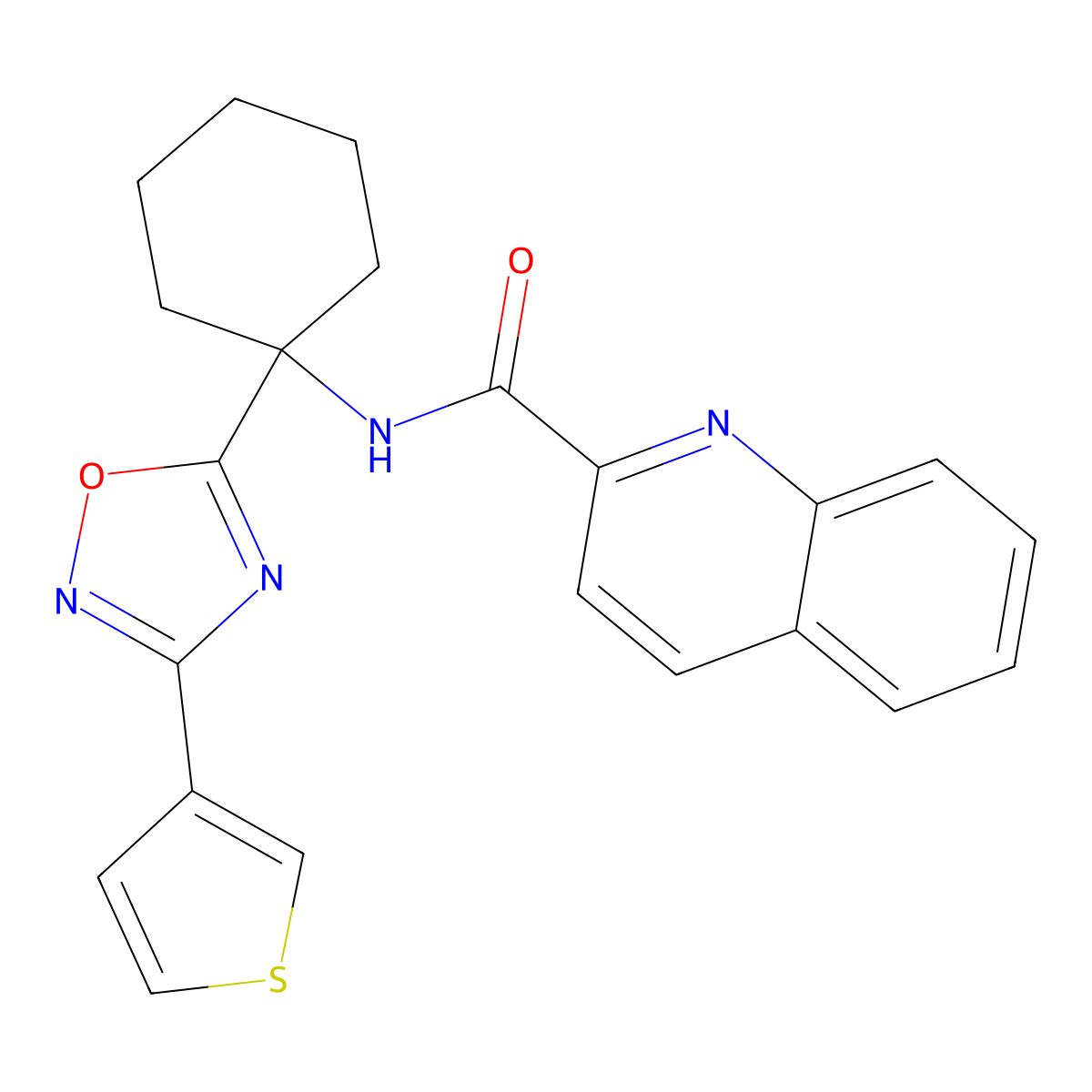 N-(1-(3-(thiophen-3-yl)-1,2,4-oxadiazol-5-yl)cyclohexyl)quinoline-2-carboxamide molecular structure, CAS 1396766-82-7