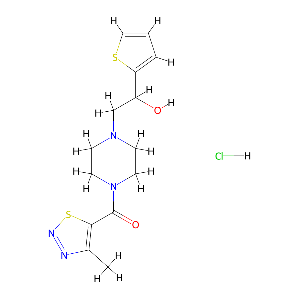 (4-(2-Hydroxy-2-(thiophen-2-yl)ethyl)piperazin-1-yl)(4-methyl-1,2,3-thiadiazol-5-yl)methanone hydrochloride molecular structure, CAS 1396766-85-0