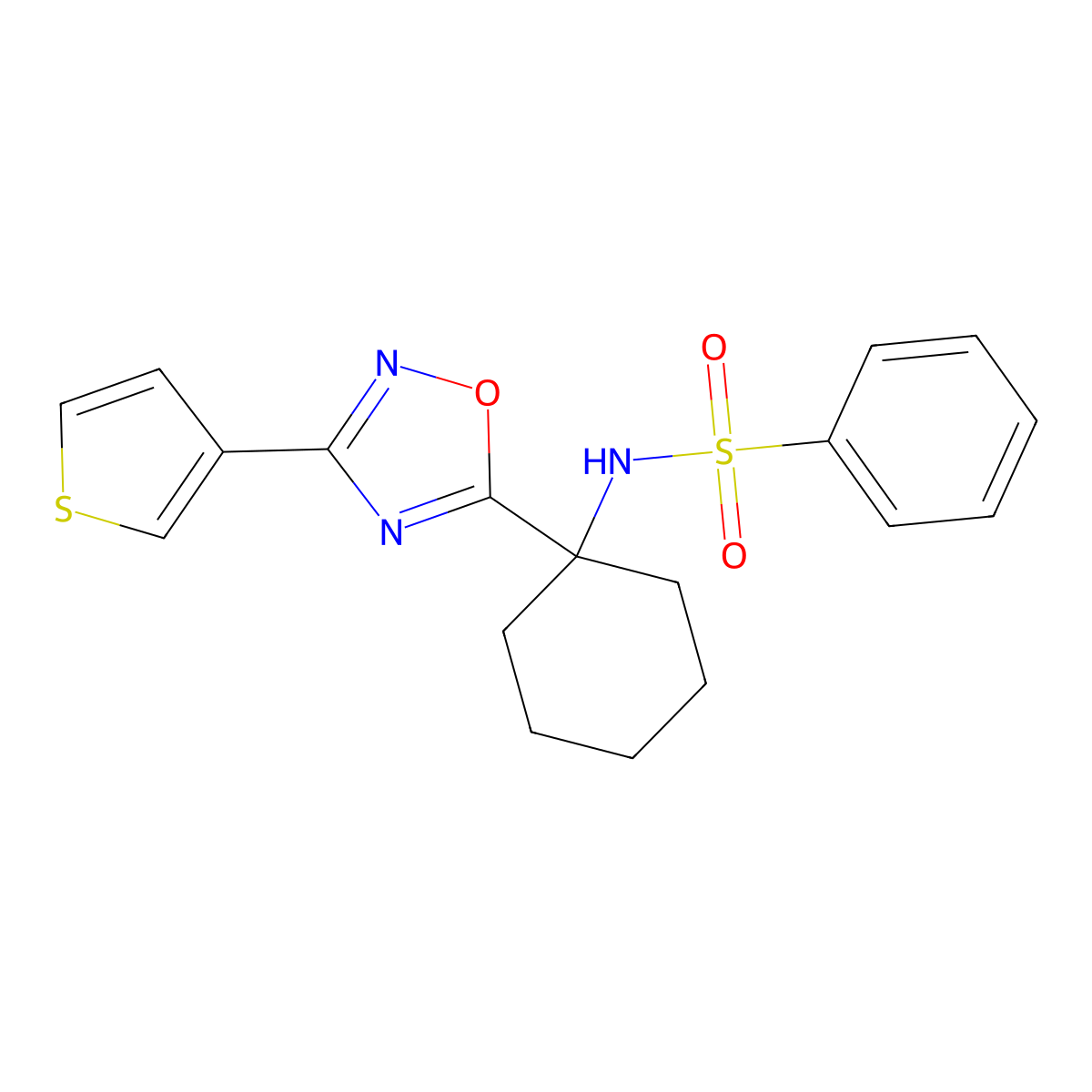 N-{1-[3-(thiophen-3-yl)-1,2,4-oxadiazol-5-yl]cyclohexyl}benzenesulfonamide molecular structure, CAS 1396766-89-4