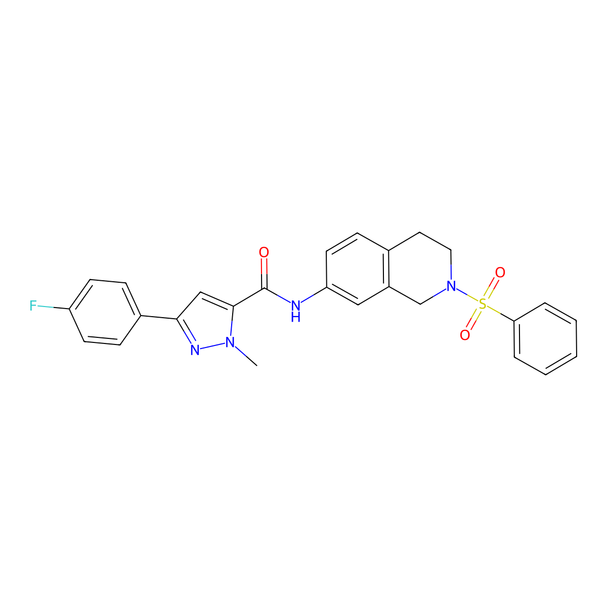 3-(4-fluorophenyl)-1-methyl-N-(2-(phenylsulfonyl)-1,2,3,4-tetrahydroisoquinolin-7-yl)-1H-pyrazole-5-carboxamide molecular structure, CAS 1396766-90-7
