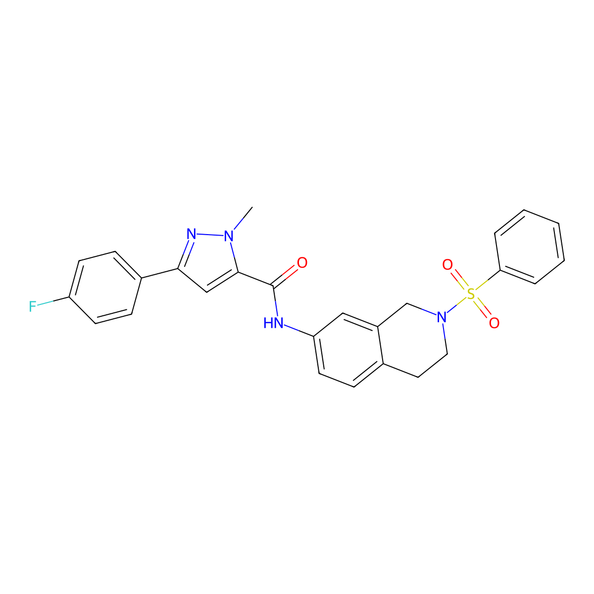 3-(4-fluorophenyl)-1-methyl-N-(2-(phenylsulfonyl)-1,2,3,4-tetrahydroisoquinolin-7-yl)-1H-pyrazole-5-carboxamide molecular structure, CAS 1396766-90-7