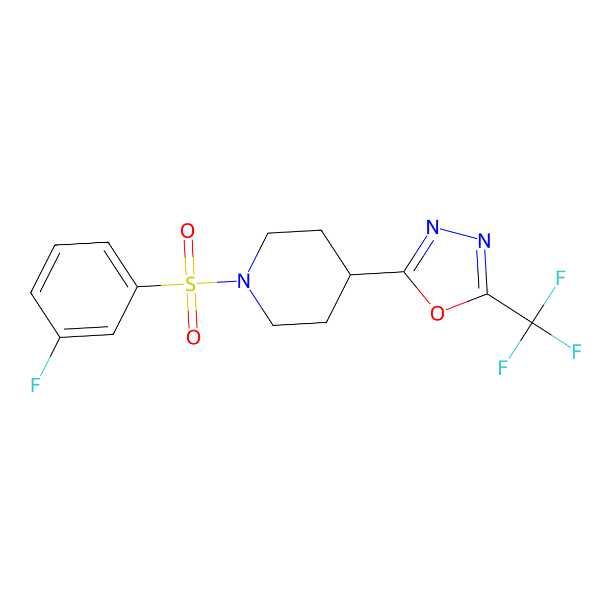 2-(1-((3-Fluorophenyl)sulfonyl)piperidin-4-yl)-5-(trifluoromethyl)-1,3,4-oxadiazole molecular structure, CAS 1396766-92-9