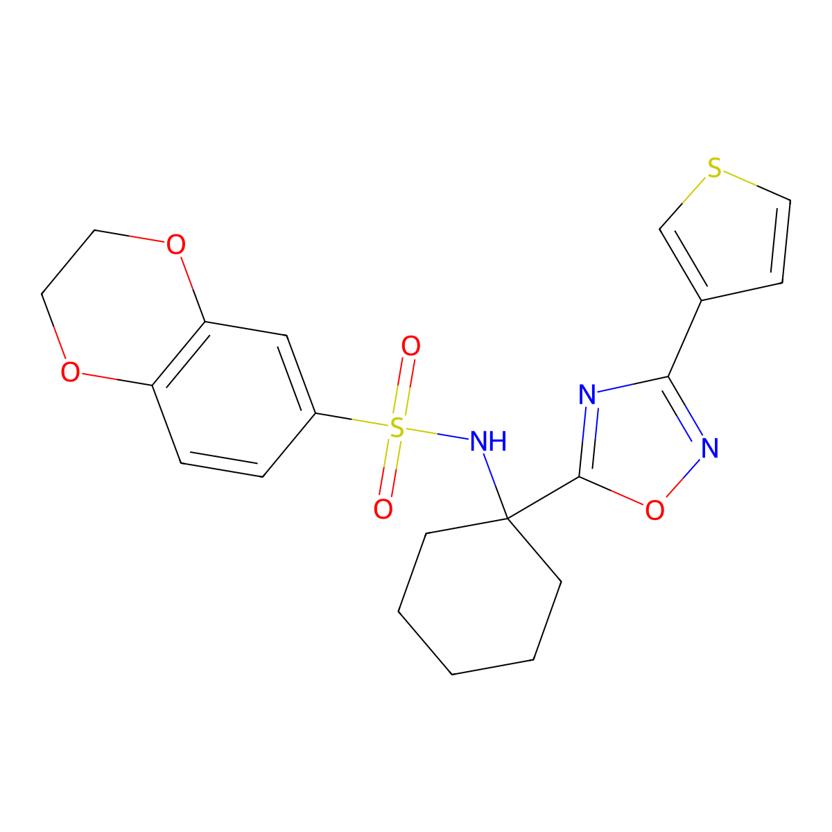 N-(1-(3-(thiophen-3-yl)-1,2,4-oxadiazol-5-yl)cyclohexyl)-2,3-dihydrobenzo[b][1,4]dioxine-6-sulfonamide molecular structure, CAS 1396766-96-3
