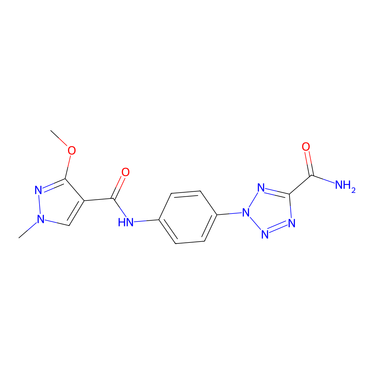 2-(4-(3-methoxy-1-methyl-1H-pyrazole-4-carboxamido)phenyl)-2H-tetrazole-5-carboxamide molecular structure, CAS 1396767-33-1