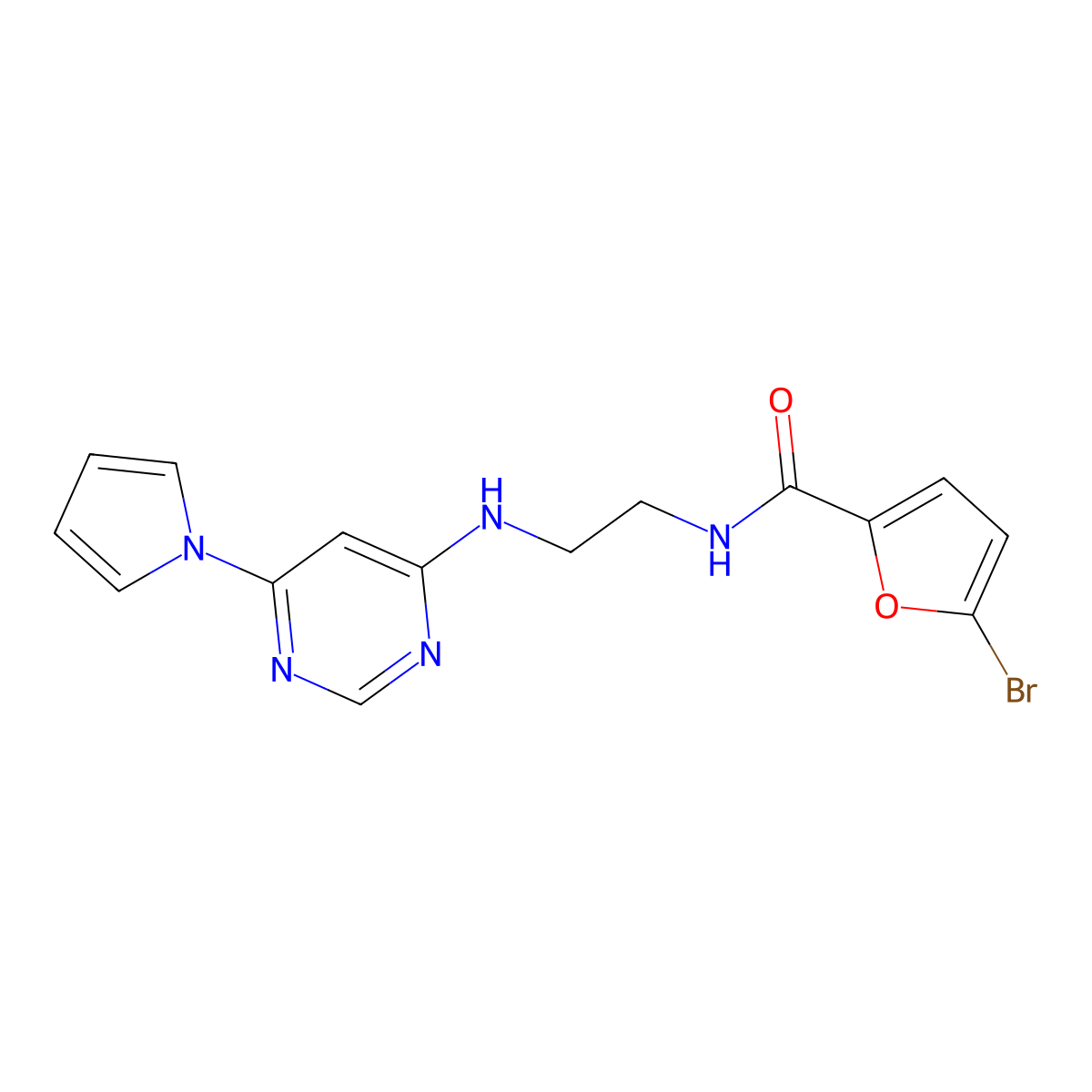 N-(2-((6-(1H-pyrrol-1-yl)pyrimidin-4-yl)amino)ethyl)-5-bromofuran-2-carboxamide molecular structure, CAS 1396767-34-2