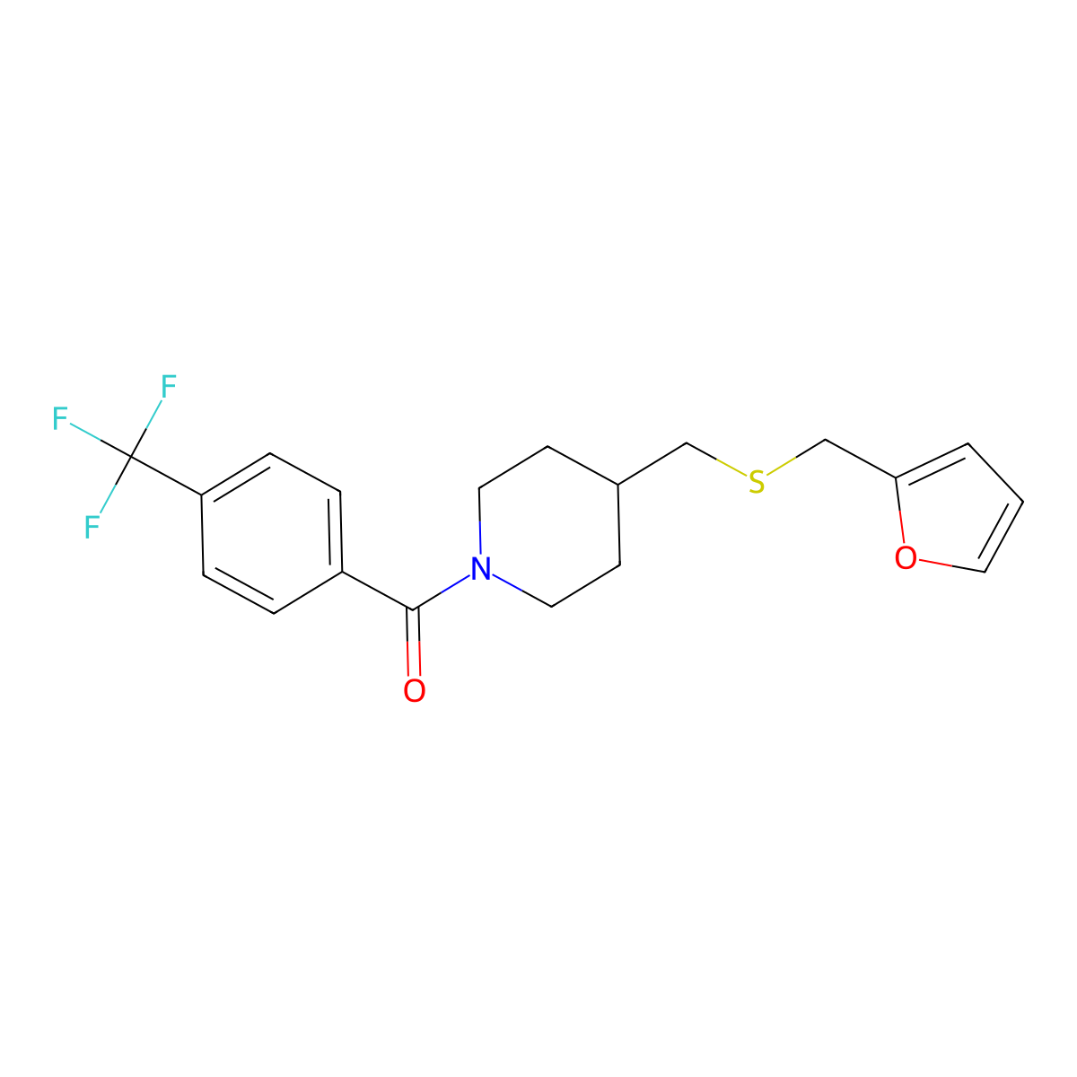 (4-(((Furan-2-ylmethyl)thio)methyl)piperidin-1-yl)(4-(trifluoromethyl)phenyl)methanone molecular structure, CAS 1396767-37-5