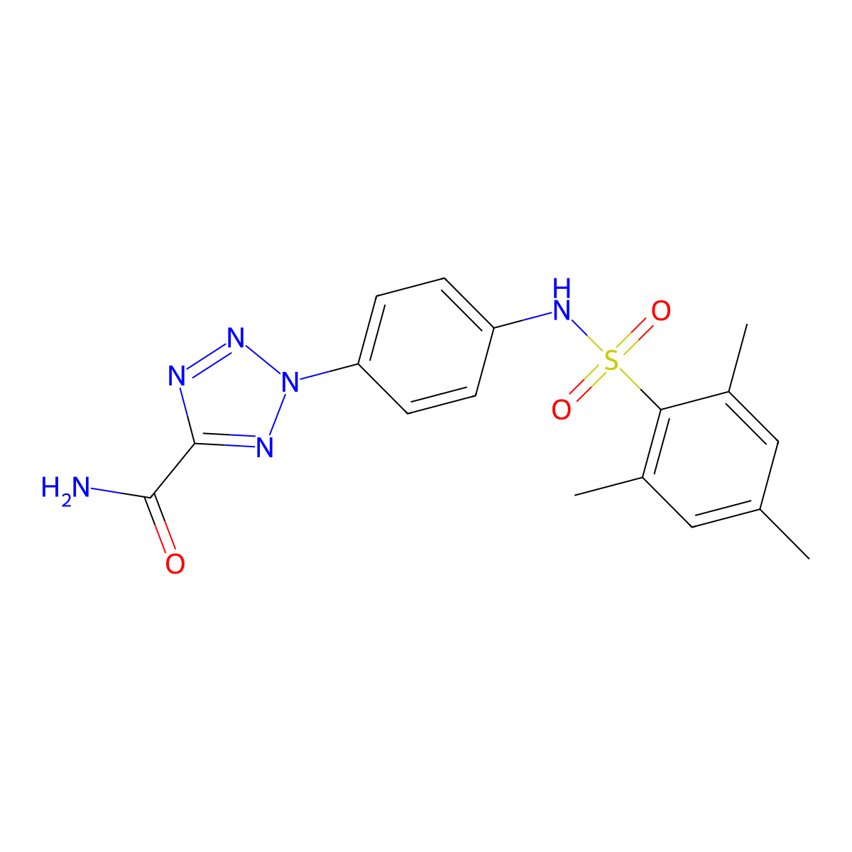 2-[4-(2,4,6-trimethylbenzenesulfonamido)phenyl]-2H-1,2,3,4-tetrazole-5-carboxamide molecular structure, CAS 1396767-40-0