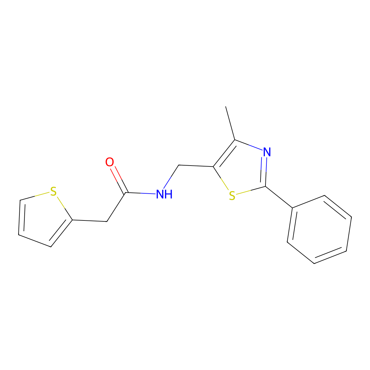 N-((4-methyl-2-phenylthiazol-5-yl)methyl)-2-(thiophen-2-yl)acetamide molecular structure, CAS 1396767-41-1