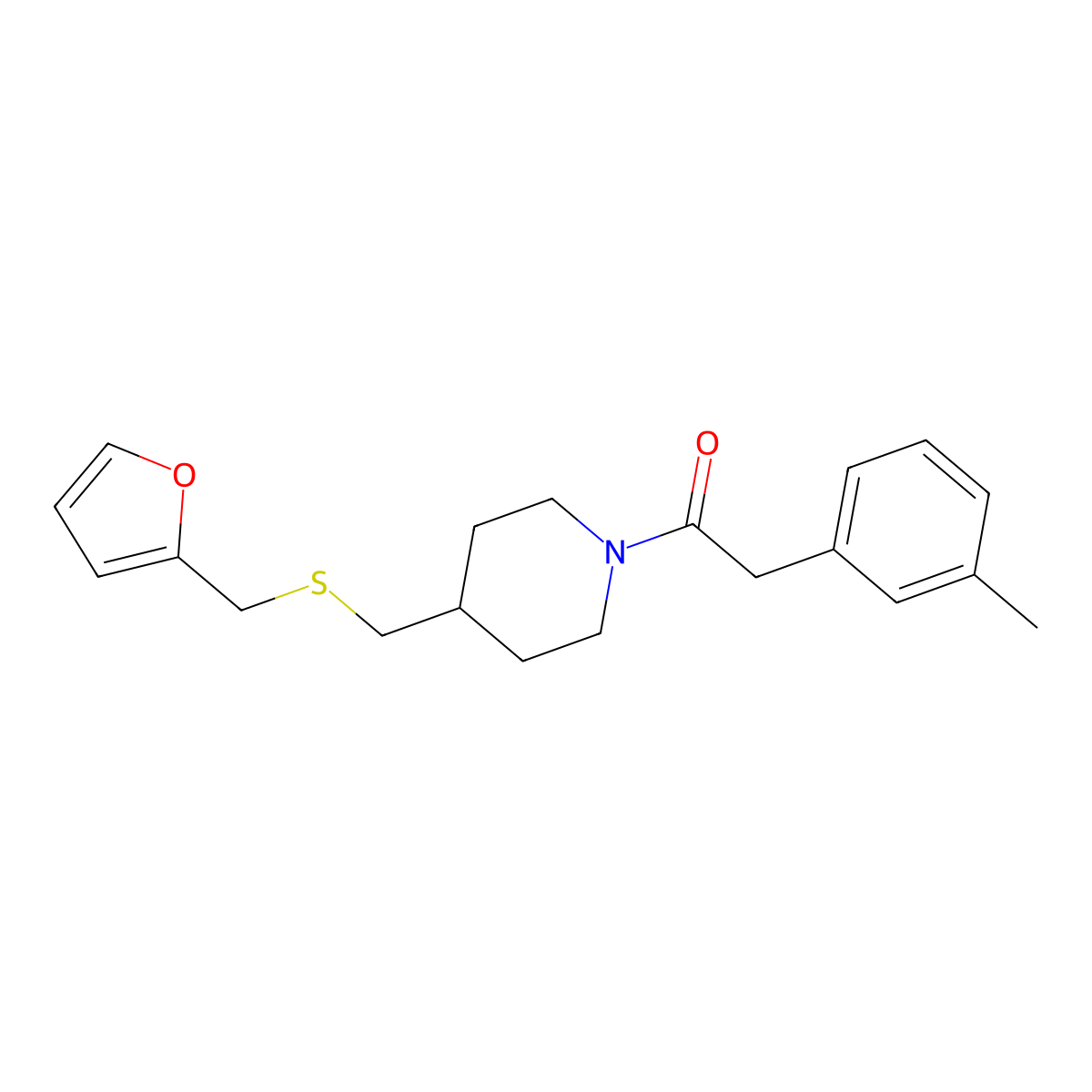 1-(4-(((Furan-2-ylmethyl)thio)methyl)piperidin-1-yl)-2-(m-tolyl)ethanone molecular structure, CAS 1396767-47-7