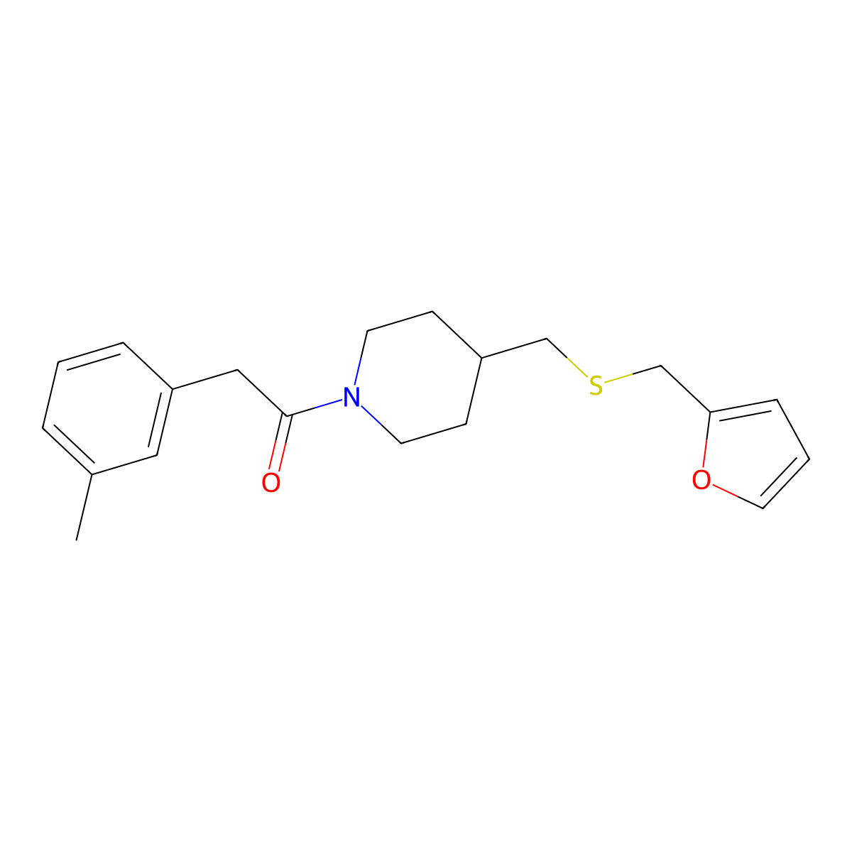 1-(4-(((Furan-2-ylmethyl)thio)methyl)piperidin-1-yl)-2-(m-tolyl)ethanone molecular structure, CAS 1396767-47-7