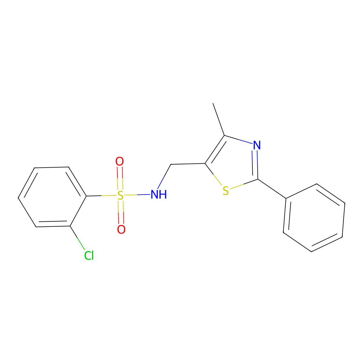 2-chloro-N-[(4-methyl-2-phenyl-1,3-thiazol-5-yl)methyl]benzene-1-sulfonamide molecular structure, CAS 1396767-53-5