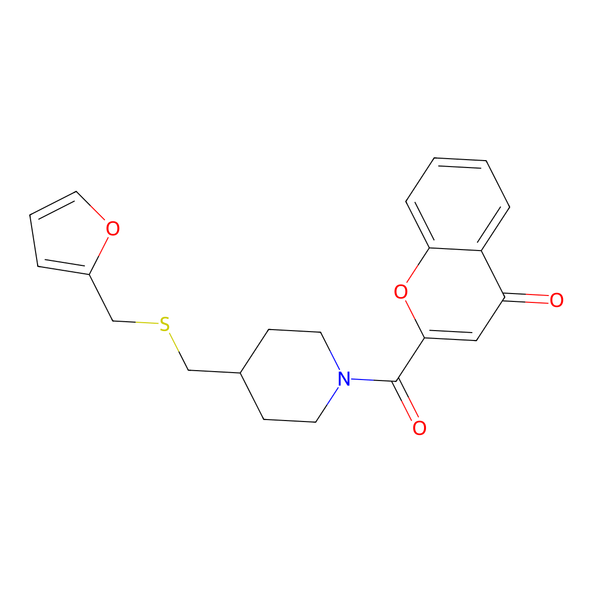 2-(4-(((furan-2-ylmethyl)thio)methyl)piperidine-1-carbonyl)-4H-chromen-4-one molecular structure, CAS 1396767-55-7