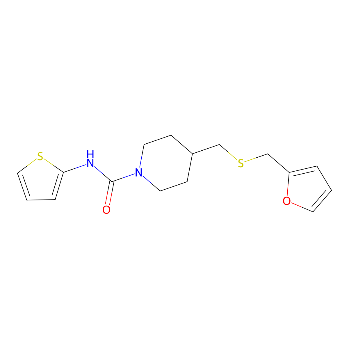 4-(((furan-2-ylmethyl)thio)methyl)-N-(thiophen-2-yl)piperidine-1-carboxamide molecular structure, CAS 1396767-68-2