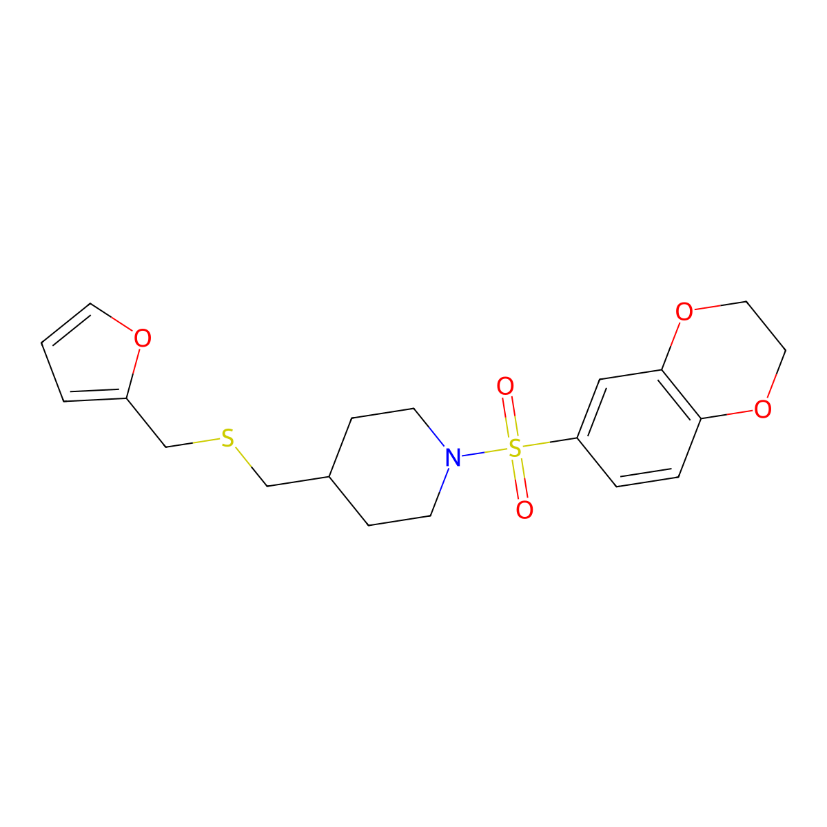 1-((2,3-Dihydrobenzo[b][1,4]dioxin-6-yl)sulfonyl)-4-(((furan-2-ylmethyl)thio)methyl)piperidine molecular structure, CAS 1396767-74-0