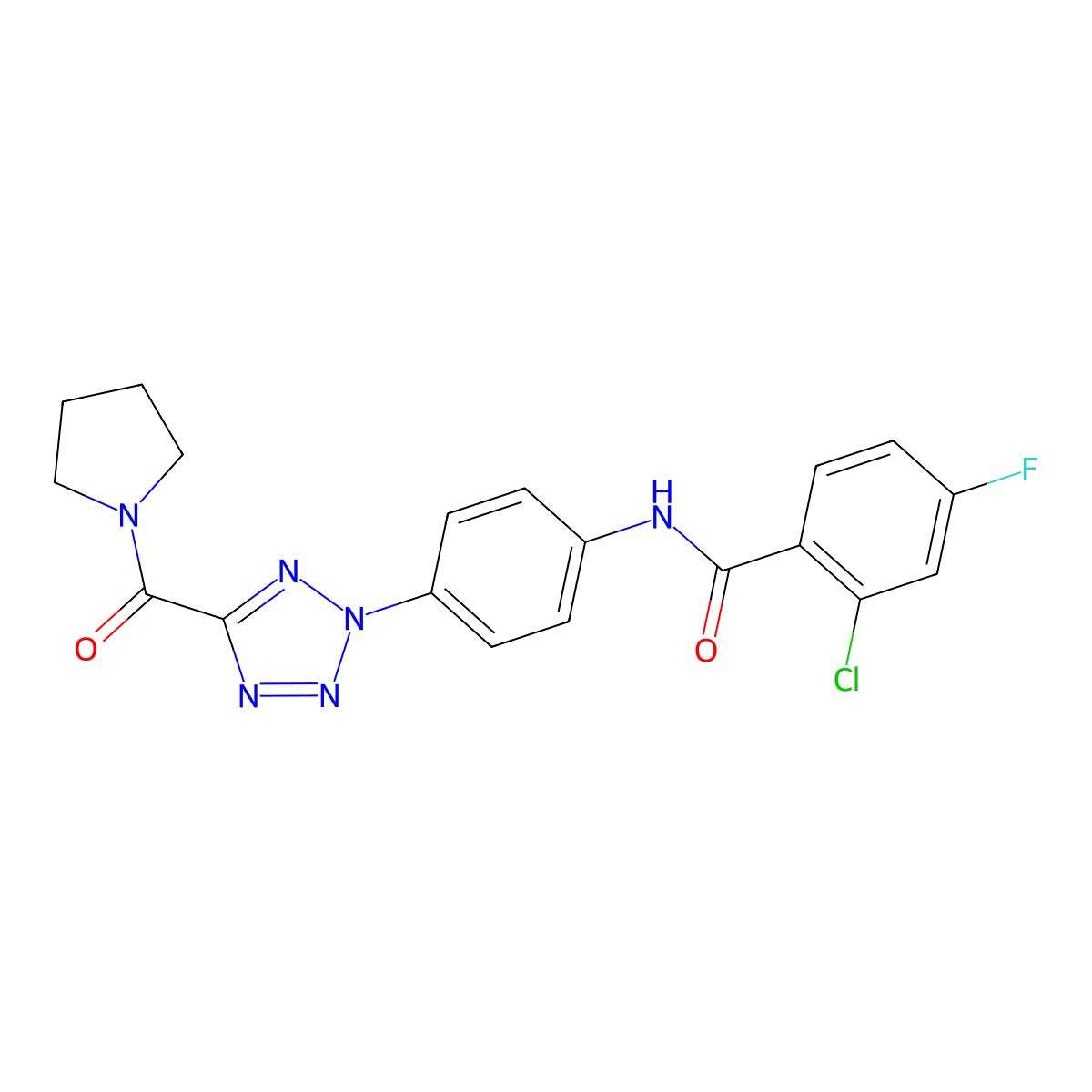 2-chloro-4-fluoro-N-(4-(5-(pyrrolidine-1-carbonyl)-2H-tetrazol-2-yl)phenyl)benzamide molecular structure, CAS 1396767-77-3