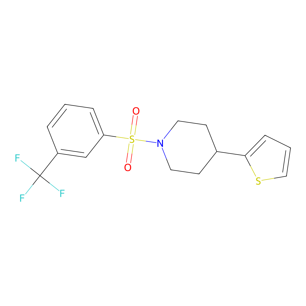 4-(Thiophen-2-yl)-1-((3-(trifluoromethyl)phenyl)sulfonyl)piperidine molecular structure, CAS 1396767-82-0