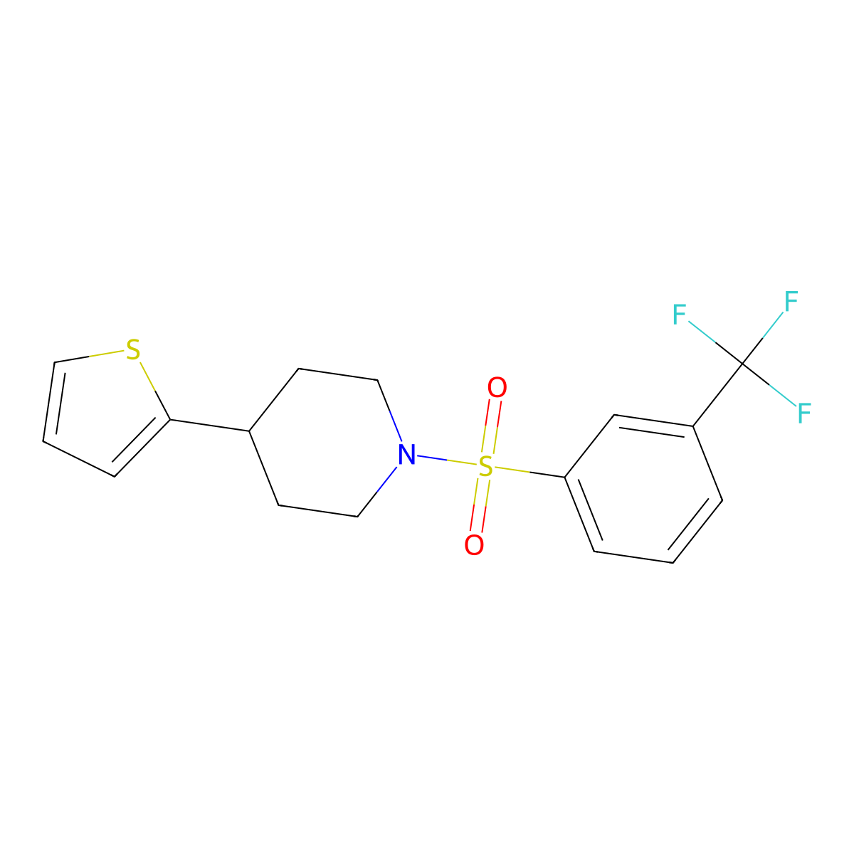 4-(Thiophen-2-yl)-1-((3-(trifluoromethyl)phenyl)sulfonyl)piperidine molecular structure, CAS 1396767-82-0