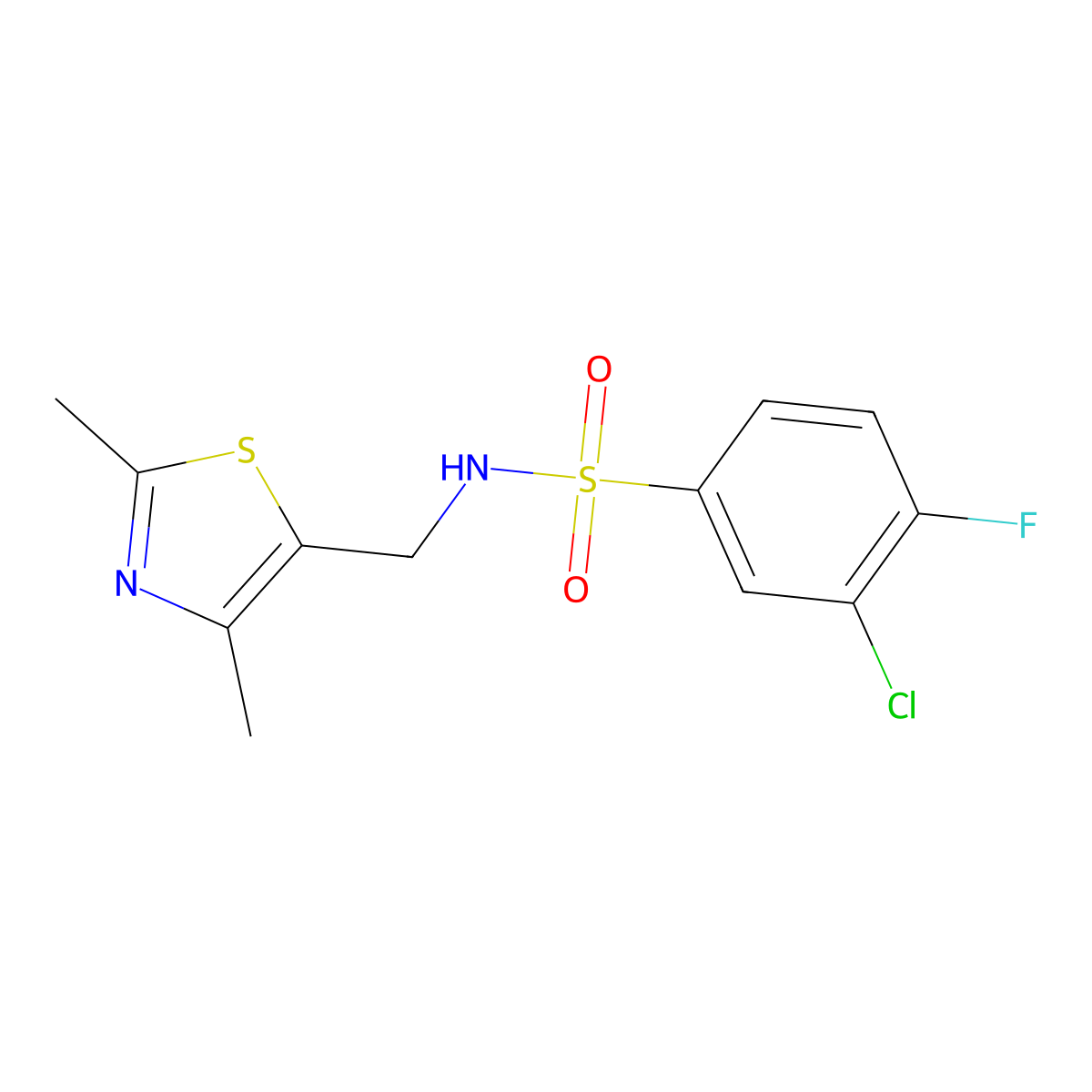 3-chloro-N-((2,4-dimethylthiazol-5-yl)methyl)-4-fluorobenzenesulfonamide molecular structure, CAS 1396767-86-4