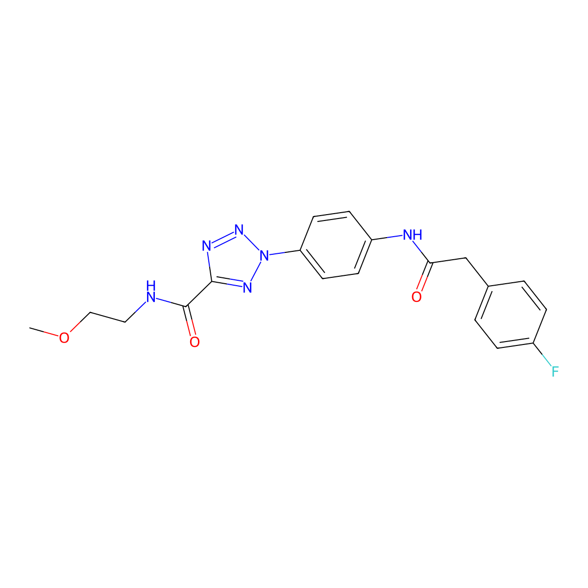 2-(4-(2-(4-fluorophenyl)acetamido)phenyl)-N-(2-methoxyethyl)-2H-tetrazole-5-carboxamide molecular structure, CAS 1396767-87-5