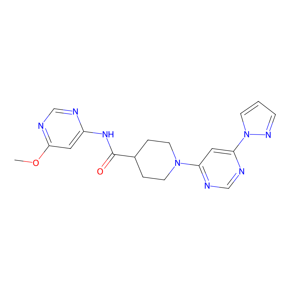 1-(6-(1H-pyrazol-1-yl)pyrimidin-4-yl)-N-(6-methoxypyrimidin-4-yl)piperidine-4-carboxamide molecular structure, CAS 1396768-08-3