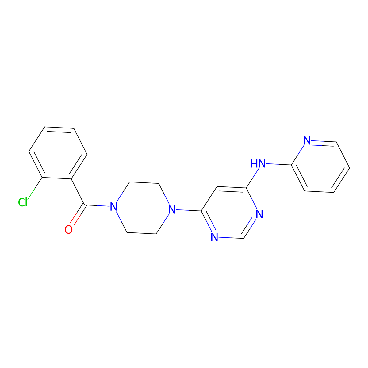 (2-Chlorophenyl)(4-(6-(pyridin-2-ylamino)pyrimidin-4-yl)piperazin-1-yl)methanone molecular structure, CAS 1396768-24-3