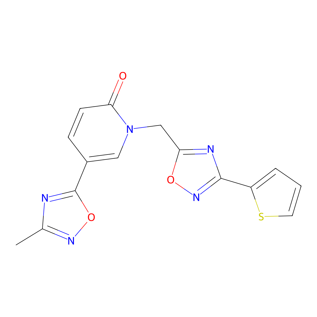 5-(3-methyl-1,2,4-oxadiazol-5-yl)-1-((3-(thiophen-2-yl)-1,2,4-oxadiazol-5-yl)methyl)pyridin-2(1H)-one molecular structure, CAS 1396768-53-8