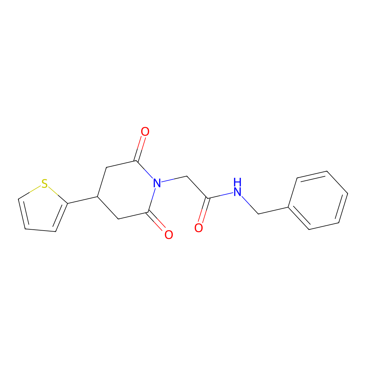 N-benzyl-2-[2,6-dioxo-4-(thiophen-2-yl)piperidin-1-yl]acetamide molecular structure, CAS 1396768-54-9