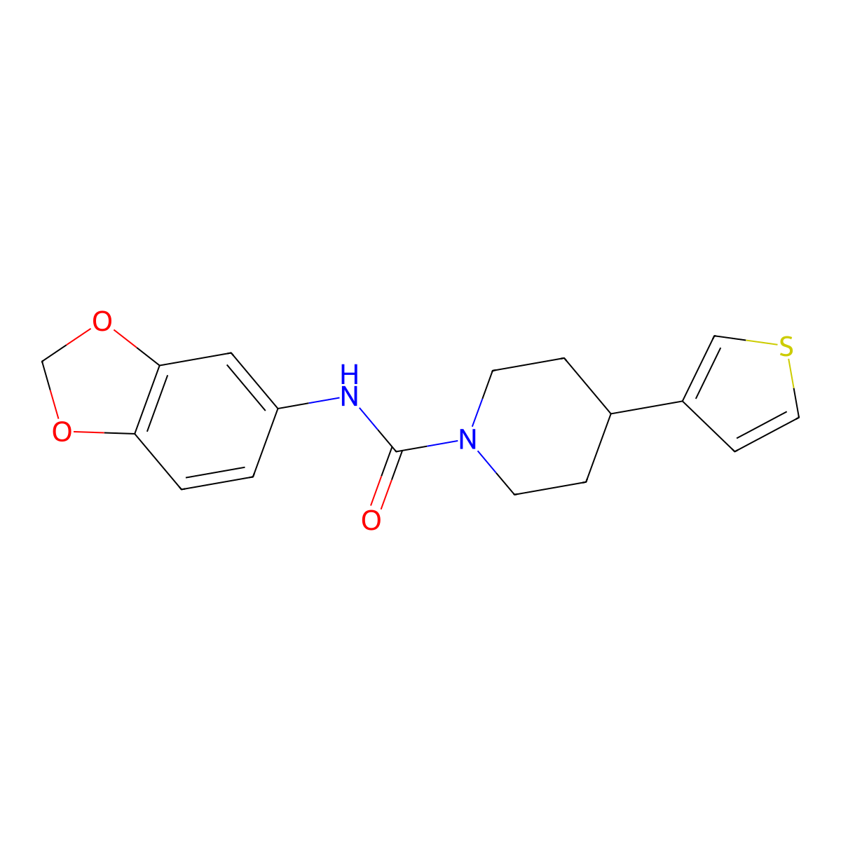 N-(benzo[d][1,3]dioxol-5-yl)-4-(thiophen-3-yl)piperidine-1-carboxamide molecular structure, CAS 1396768-56-1