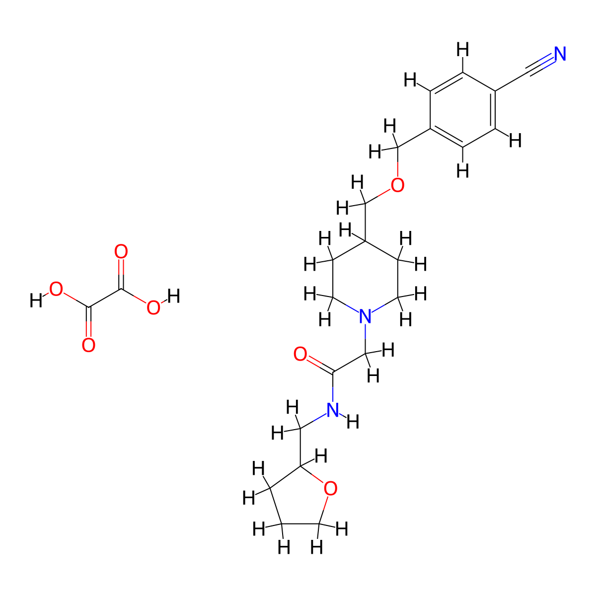 2-(4-(((4-cyanobenzyl)oxy)methyl)piperidin-1-yl)-N-((tetrahydrofuran-2-yl)methyl)acetamide oxalate molecular structure, CAS 1396768-61-8