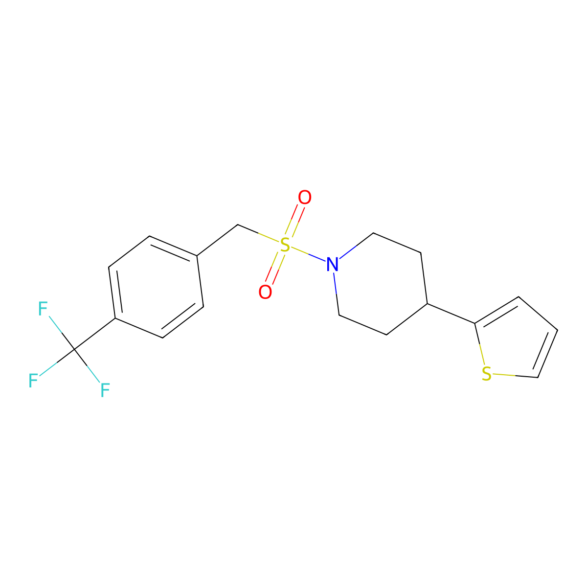 4-(Thiophen-2-yl)-1-((4-(trifluoromethyl)benzyl)sulfonyl)piperidine molecular structure, CAS 1396768-65-2