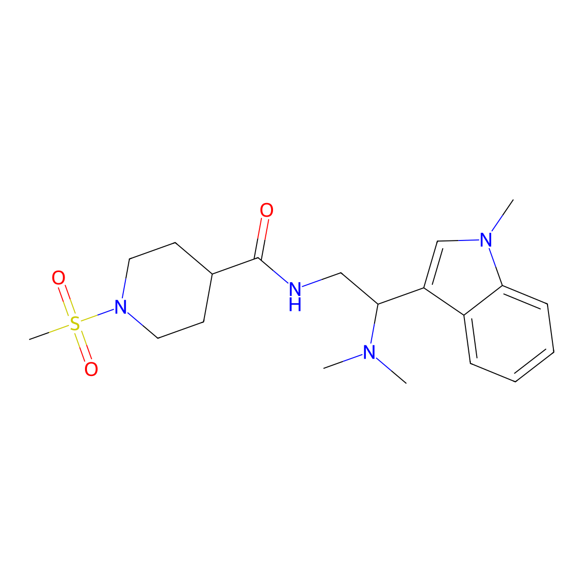 N-(2-(dimethylamino)-2-(1-methyl-1H-indol-3-yl)ethyl)-1-(methylsulfonyl)piperidine-4-carboxamide molecular structure, CAS 1396768-66-3