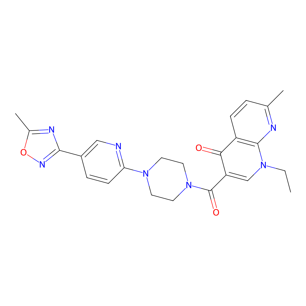 1-ethyl-7-methyl-3-(4-(5-(5-methyl-1,2,4-oxadiazol-3-yl)pyridin-2-yl)piperazine-1-carbonyl)-1,8-naphthyridin-4(1H)-one molecular structure, CAS 1396768-84-5