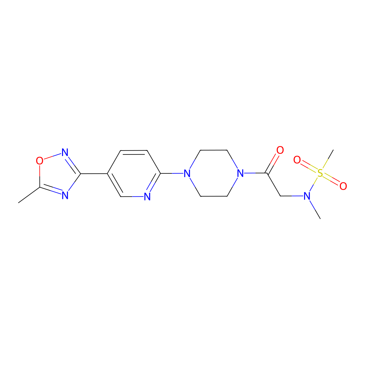 N-methyl-N-(2-(4-(5-(5-methyl-1,2,4-oxadiazol-3-yl)pyridin-2-yl)piperazin-1-yl)-2-oxoethyl)methanesulfonamide molecular structure, CAS 1396768-89-0