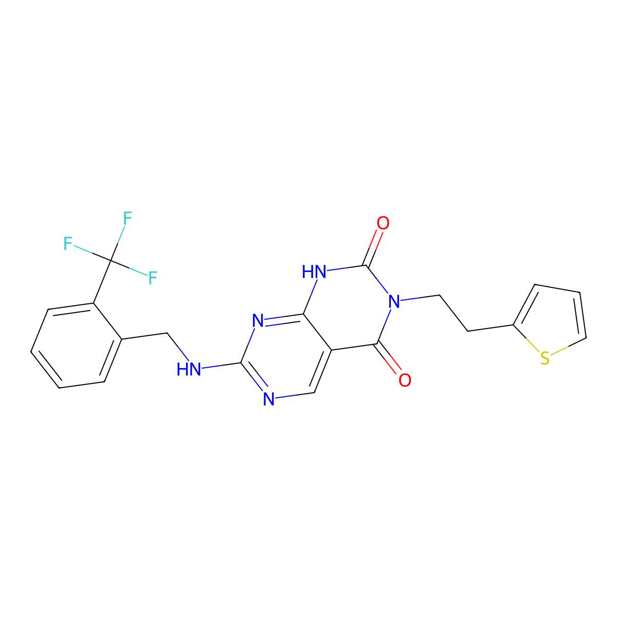 3-[2-(2-thienyl)ethyl]-7-{[2-(trifluoromethyl)benzyl]amino}pyrimido[4,5-d]pyrimidine-2,4(1H,3H)-dione molecular structure, CAS 1396768-97-0