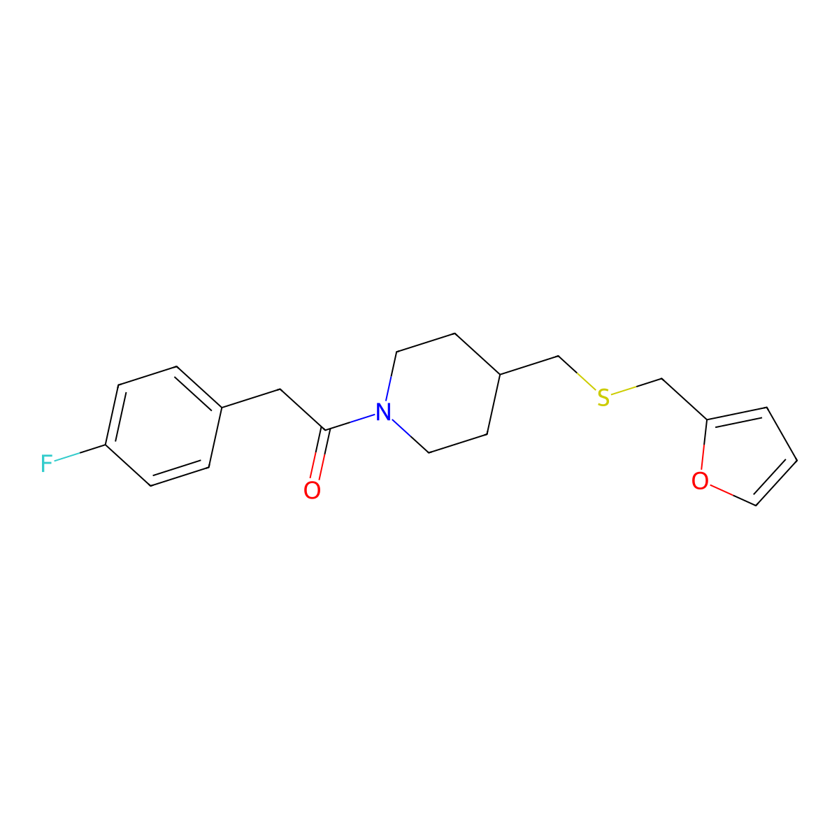 2-(4-Fluorophenyl)-1-(4-(((furan-2-ylmethyl)thio)methyl)piperidin-1-yl)ethanone molecular structure, CAS 1396770-22-1