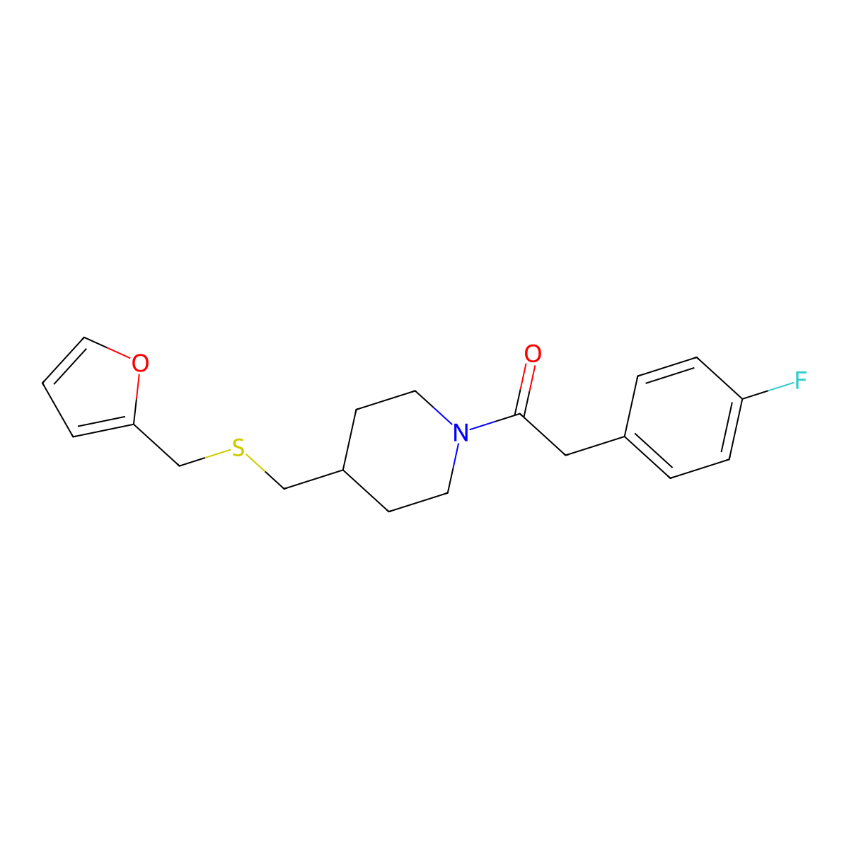2-(4-Fluorophenyl)-1-(4-(((furan-2-ylmethyl)thio)methyl)piperidin-1-yl)ethanone molecular structure, CAS 1396770-22-1