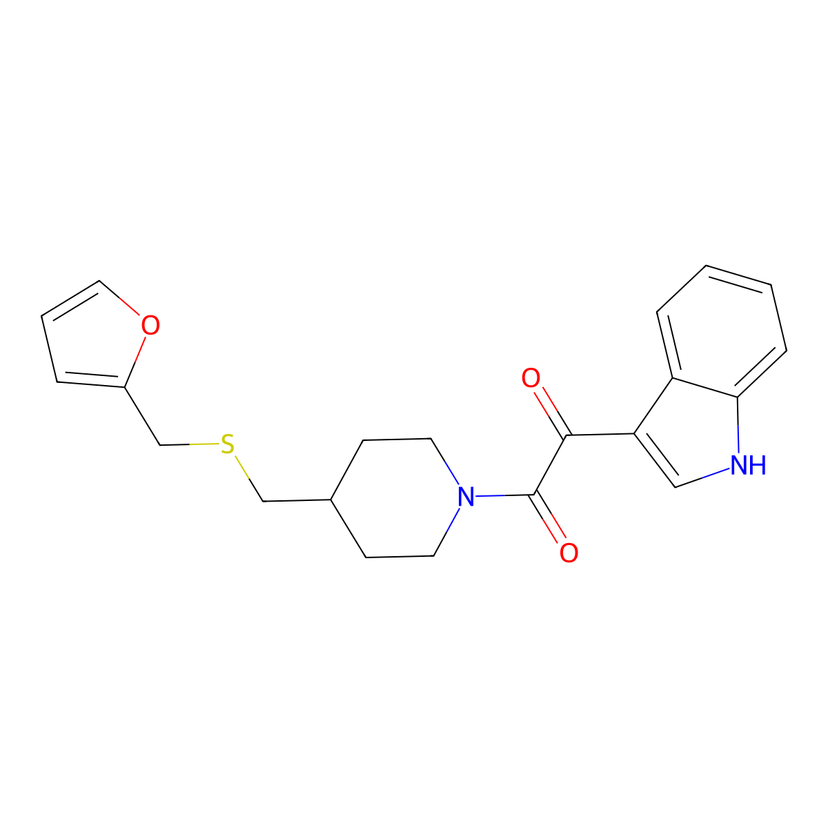 1-(4-(((furan-2-ylmethyl)thio)methyl)piperidin-1-yl)-2-(1H-indol-3-yl)ethane-1,2-dione molecular structure, CAS 1396771-00-8
