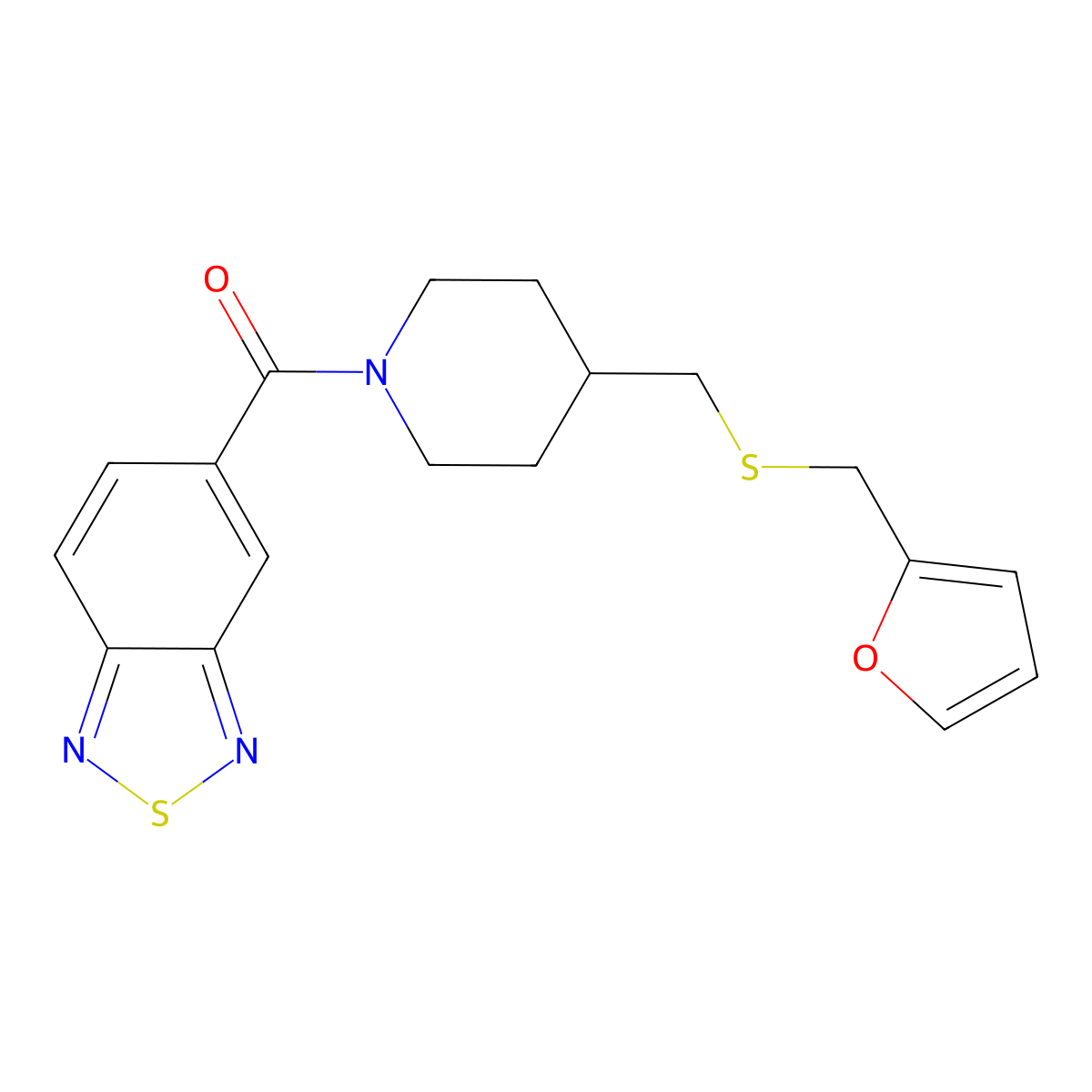Benzo[c][1,2,5]thiadiazol-5-yl(4-(((furan-2-ylmethyl)thio)methyl)piperidin-1-yl)methanone molecular structure, CAS 1396772-01-2