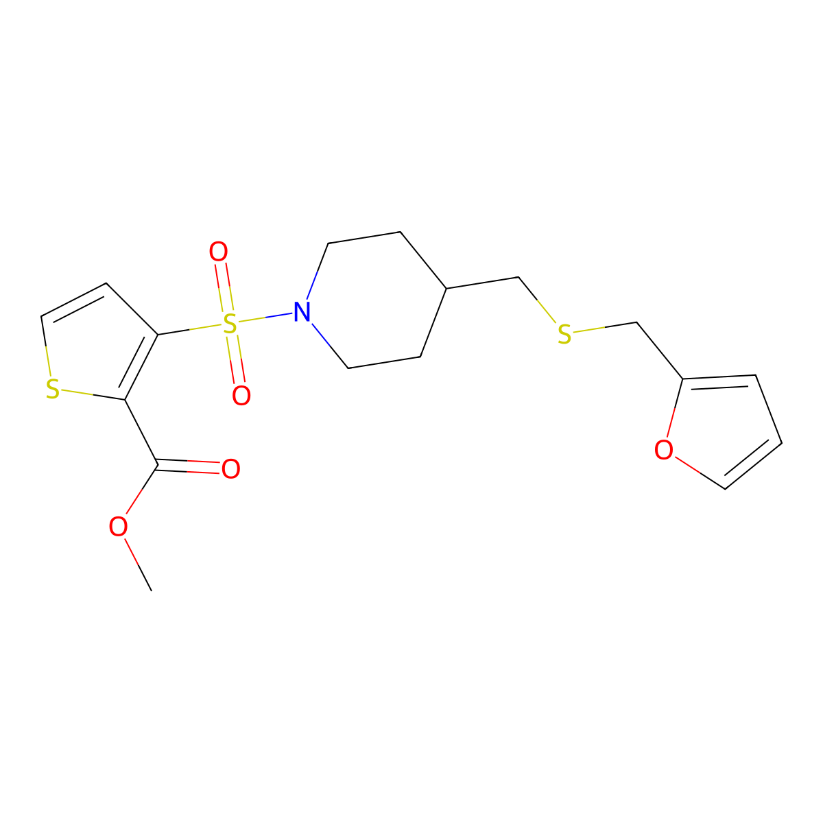 Methyl 3-((4-(((furan-2-ylmethyl)thio)methyl)piperidin-1-yl)sulfonyl)thiophene-2-carboxylate molecular structure, CAS 1396773-03-7