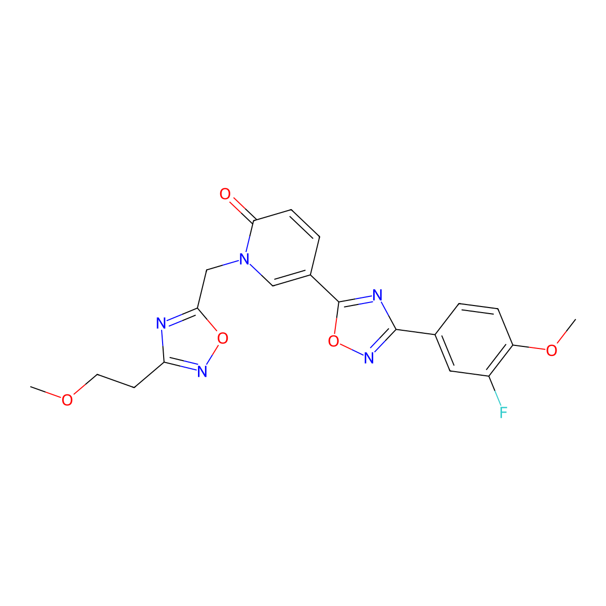 5-(3-(3-fluoro-4-methoxyphenyl)-1,2,4-oxadiazol-5-yl)-1-((3-(2-methoxyethyl)-1,2,4-oxadiazol-5-yl)methyl)pyridin-2(1H)-one molecular structure, CAS 1396773-65-1