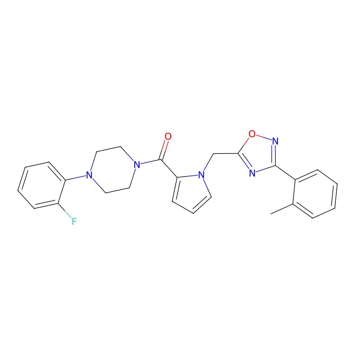 (4-(2-fluorophenyl)piperazin-1-yl)(1-((3-(o-tolyl)-1,2,4-oxadiazol-5-yl)methyl)-1H-pyrrol-2-yl)methanone molecular structure, CAS 1396774-27-8