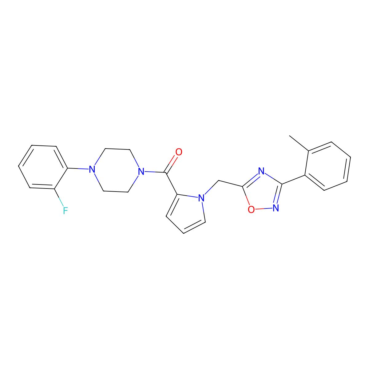 (4-(2-fluorophenyl)piperazin-1-yl)(1-((3-(o-tolyl)-1,2,4-oxadiazol-5-yl)methyl)-1H-pyrrol-2-yl)methanone molecular structure, CAS 1396774-27-8