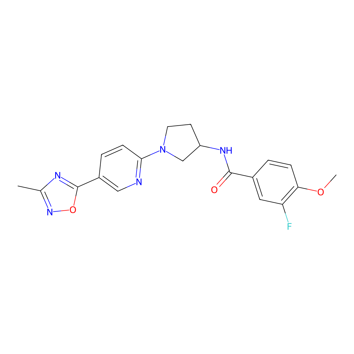 3-fluoro-4-methoxy-N-{1-[5-(3-methyl-1,2,4-oxadiazol-5-yl)pyridin-2-yl]pyrrolidin-3-yl}benzamide molecular structure, CAS 1396774-41-6