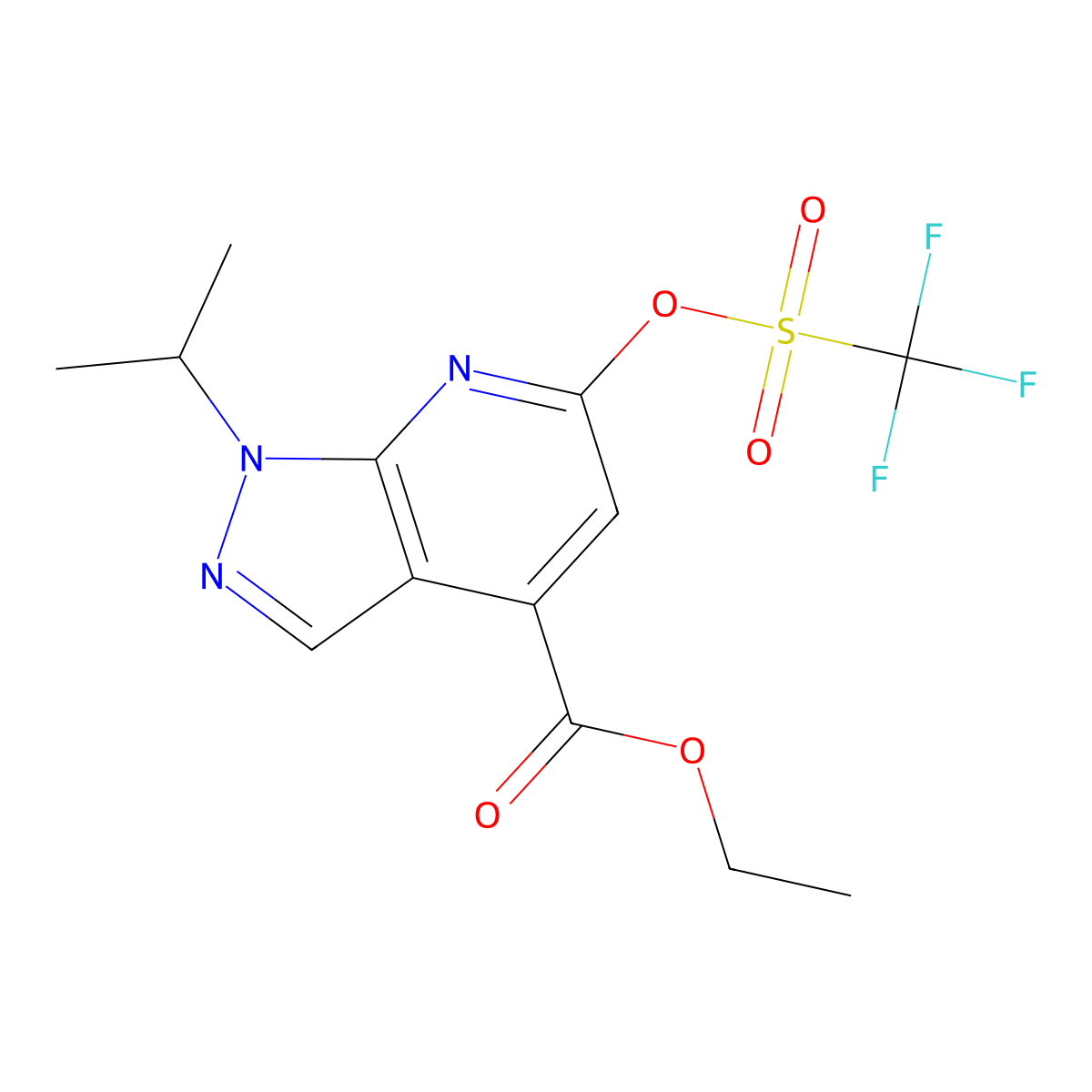 ethyl 1-isopropyl-6-(((trifluoromethyl)sulfonyl)oxy)-1H-pyrazolo[3,4-b]pyridine-4-carboxylate molecular structure, CAS 1396779-52-4