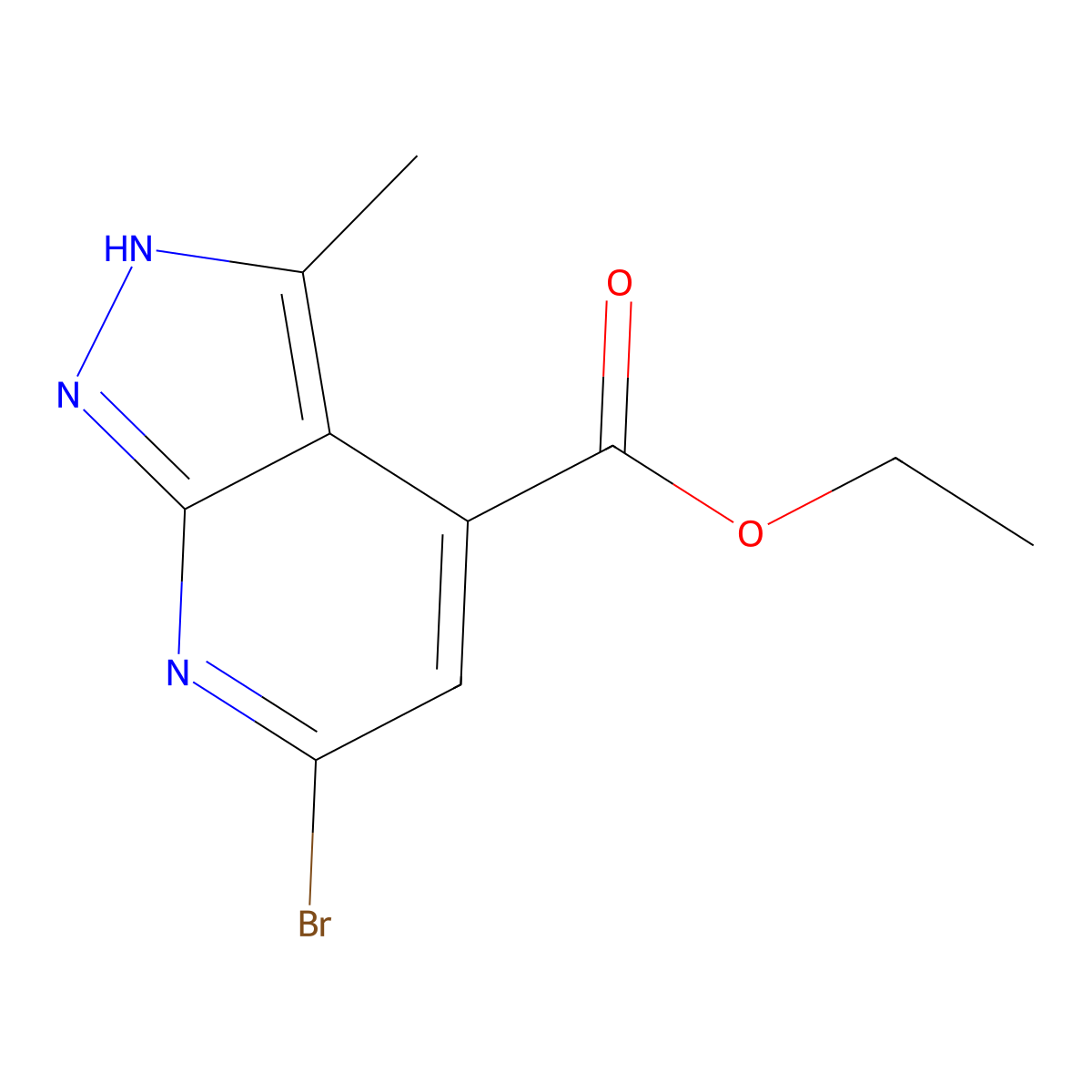 Ethyl 6-bromo-3-methyl-1H-pyrazolo[3,4-b]pyridine-4-carboxylate molecular structure, CAS 1396779-99-9