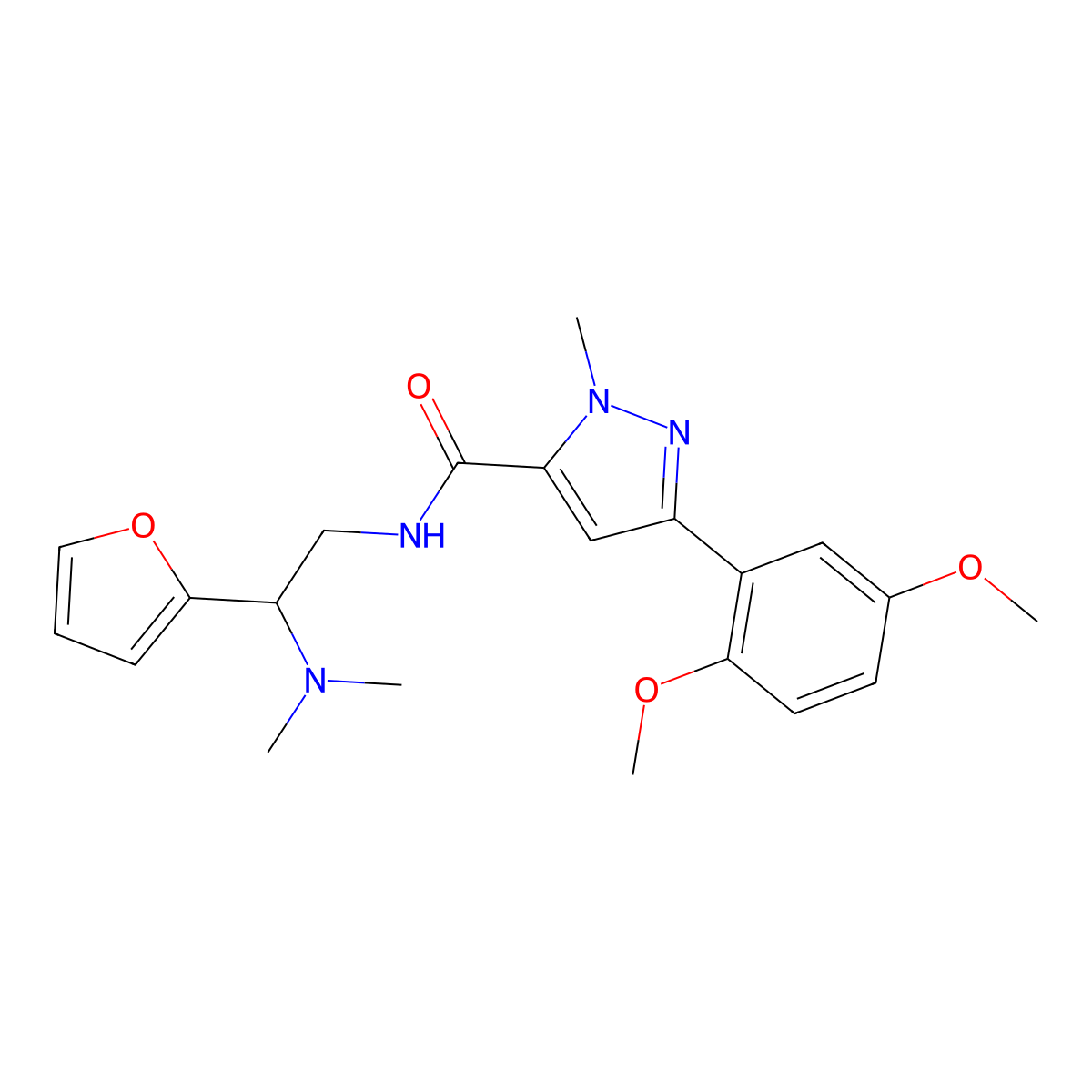 3-(2,5-dimethoxyphenyl)-N-[2-(dimethylamino)-2-(furan-2-yl)ethyl]-1-methyl-1H-pyrazole-5-carboxamide molecular structure, CAS 1396781-54-6